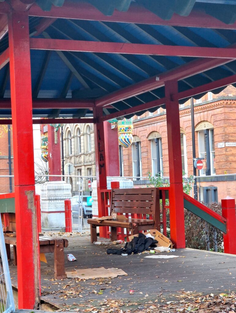 A scruffy-looking and neglected pagoda in Manchester's Chinatown