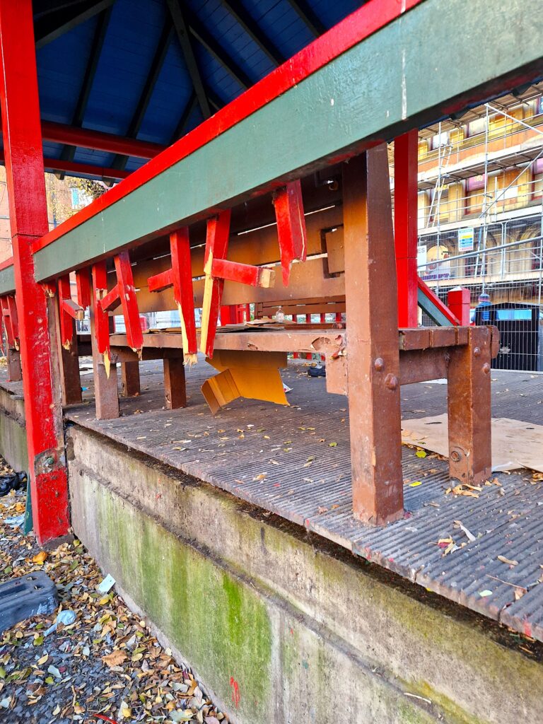 The pagoda in Chinatown has broken seating and suffers from vandalism
