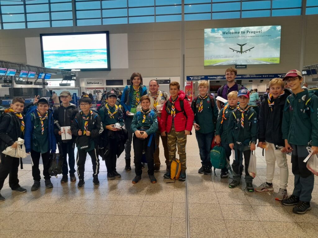 Members of the 1st Prague scout group at the airport about to depart for Manchester