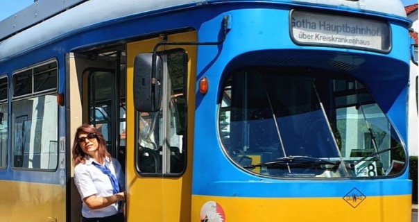 Iranian refugee Maryam Talebi on the tram she now drives in Germany