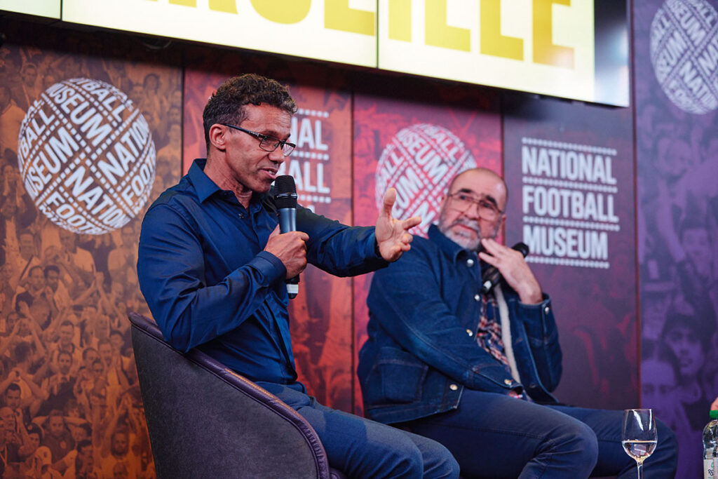 Michael Browne and Eric Cantona at the National Football Museum talking about the exhibition