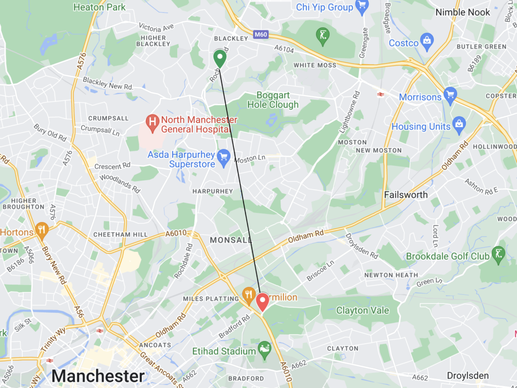 Map of Manchester including location of Blackley and Phillips Park fire stations 