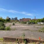 Empty building site with overgrown hedges and skyline