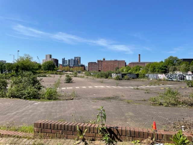Empty building site with overgrown hedges and skyline