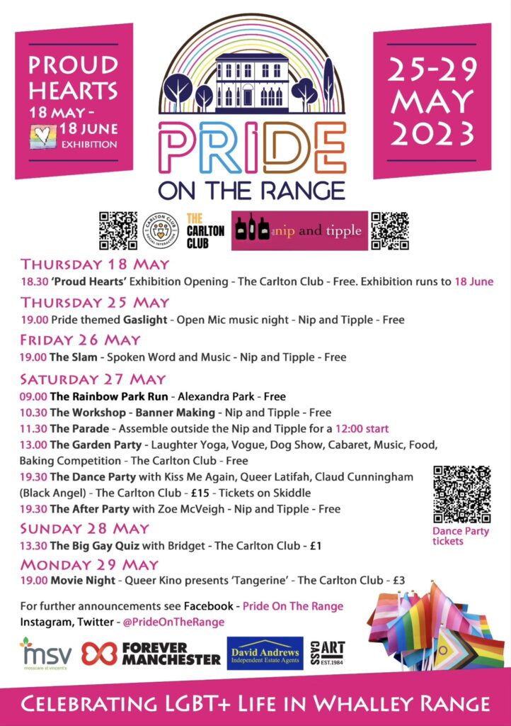 Pride On The Range 2023 programme Whalley range lgbtq pride events manchester 