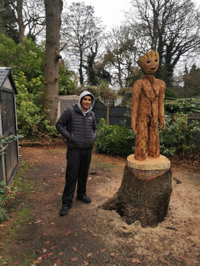 Wood carving of Groot, Guardians of the Galaxy with artist Karl Macauley 