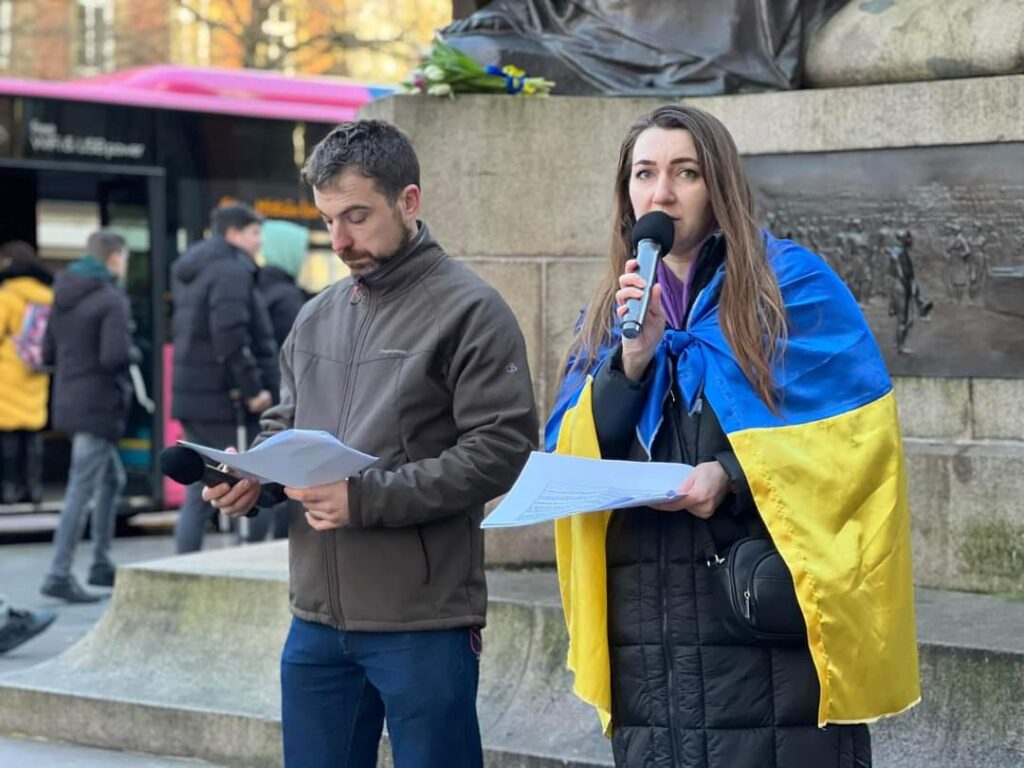 Alina hosting the 'Manchester Stands with Ukraine' rally 