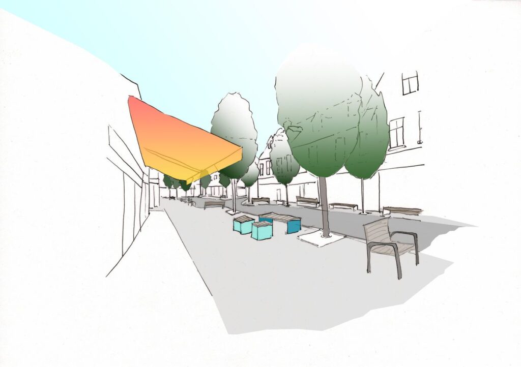 Sketch of Copson Street with expanded footpaths, more seating and greenery.