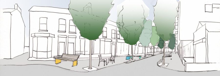 Sketch of how Copson Street in Withington could like with trees and added seating.