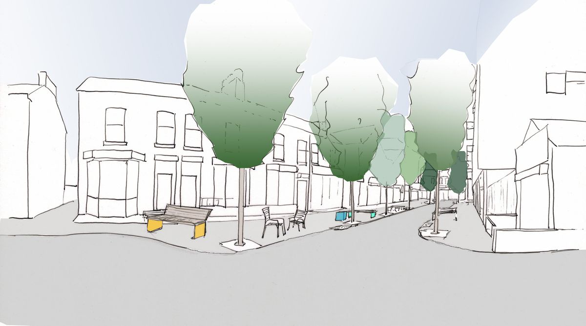 Sketch of how Copson Street in Withington could like with trees and added seating.
