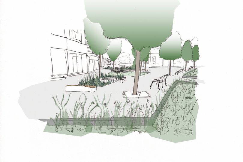 Sketch of Rutherford Place with expanded pathways, seating and greenery.
