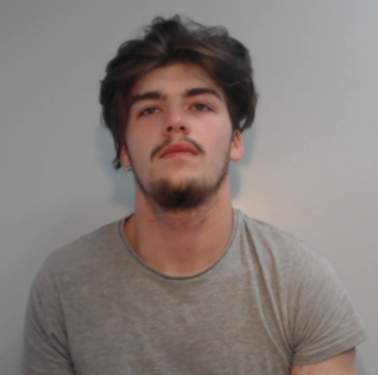 Mugshot of Elliot Martin. He is a white teenager with brown hair, a beard, and a grey T-shirt. His head is tilted upwards and he is looking over the camera.