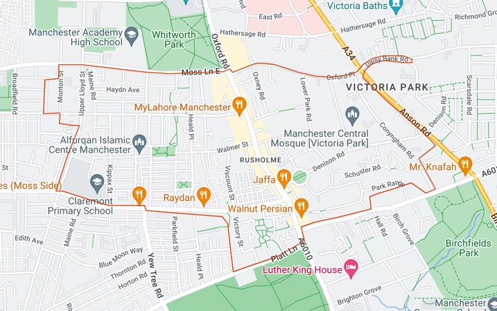 A map of the areas covered by the parking scheme in Moss Side