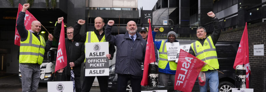 Aslef members on the picket line at Waterloo train station in London, as the train drivers union are launching a wave of fresh walkouts in a long-running dispute over pay