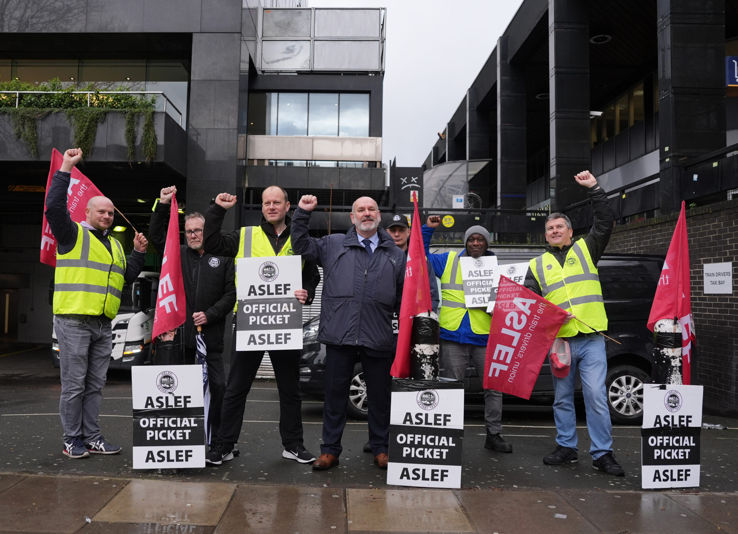 Aslef members on the picket line at Waterloo train station in London, as the train drivers union are launching a wave of fresh walkouts in a long-running dispute over pay