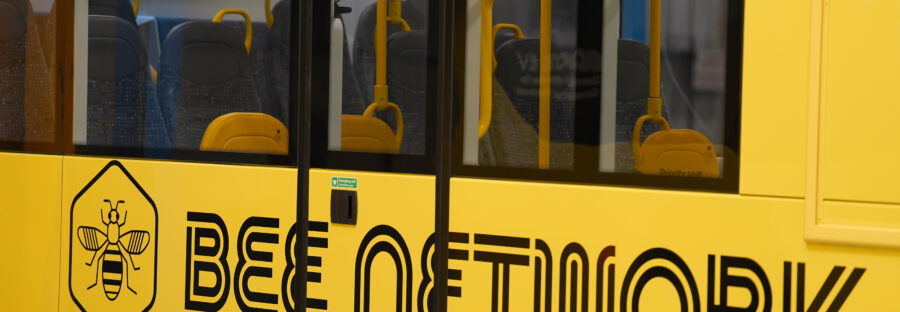 The livery on the 'Bee Network' buses at manufacturer Alexander Dennis in Larbert, Falkirk during a visit by Greater Manchester mayor Andy Burnham. The buses will form part of the franchising model for bus services in Greater Manchester. Picture date: Friday June 2, 2023. PA Photo. See PA story POLITICS Burnham. Photo credit should read: Andrew Milligan/PA Wire