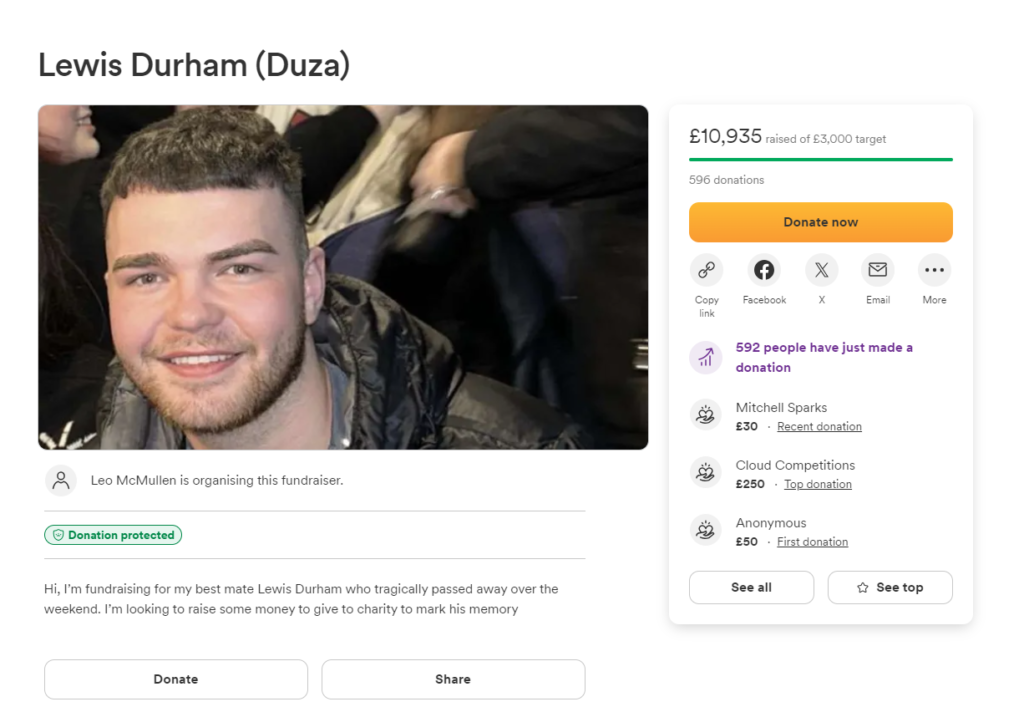 An image of a Go Fund Me page for Lewis Durham set up by his best friend Leo McMullen