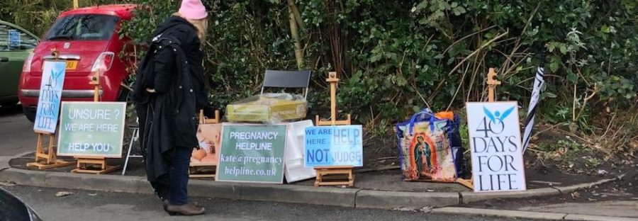 Protest posters outside Fallowfield Marie Stopes clinic Manchester