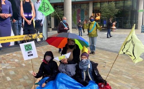 Extinction Rebellion at Media City (photo by Louise Garman)