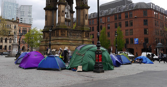 Homeless people in tents in Albert Square in Manchester