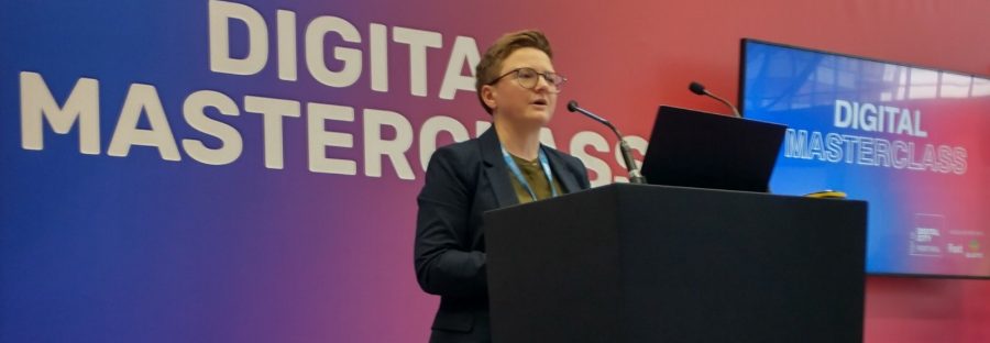 Council Leader Bev Craig speaking at the digital media expo