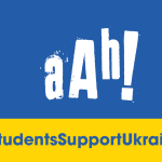 Image of the yellow and blue Ukrainian flag with 'aah! #StudentsSupportUkraine' written over it