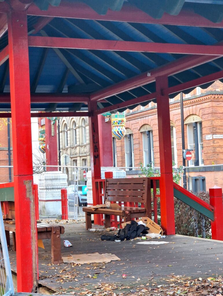 A scruffy-looking and neglected pagoda in Manchester's Chinatown