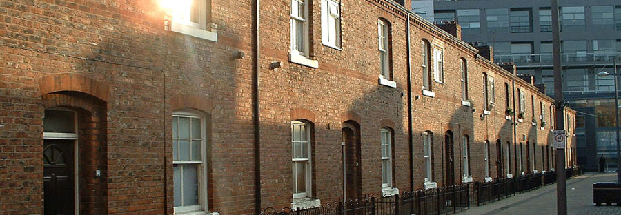 Street of terraced houses in Ancoats, Manchester