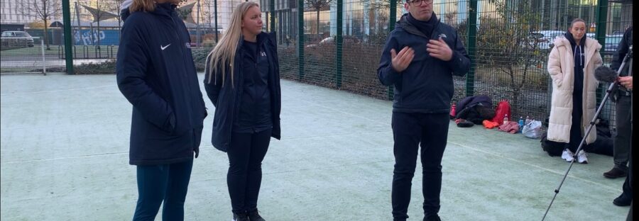 Andy Burnham giving a press conference about girls football in schools