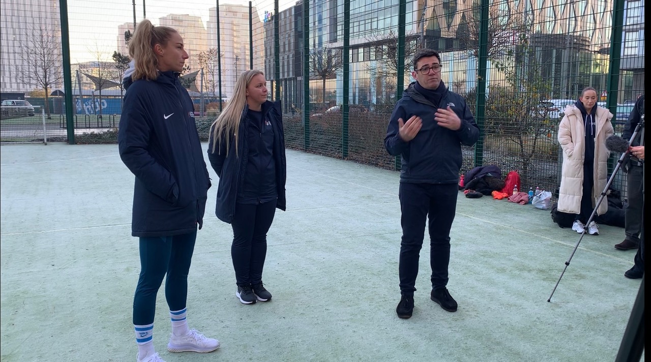 Andy Burnham giving a press conference about girls football in schools