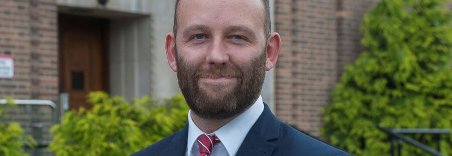 Salford city mayor Paul Dennett in front of Salford civic centre