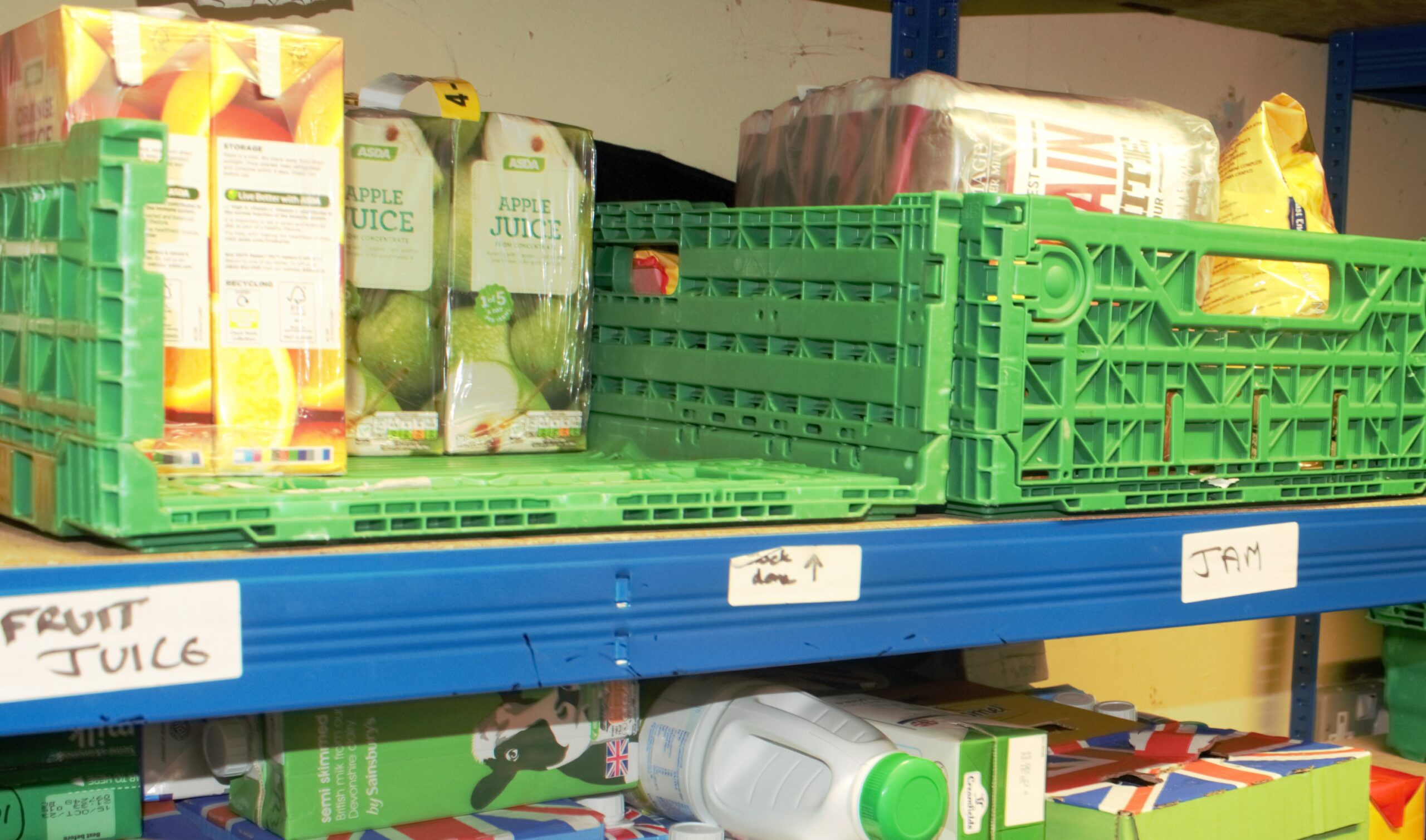 Fallowfield and Withington foodbank warehouse shelves