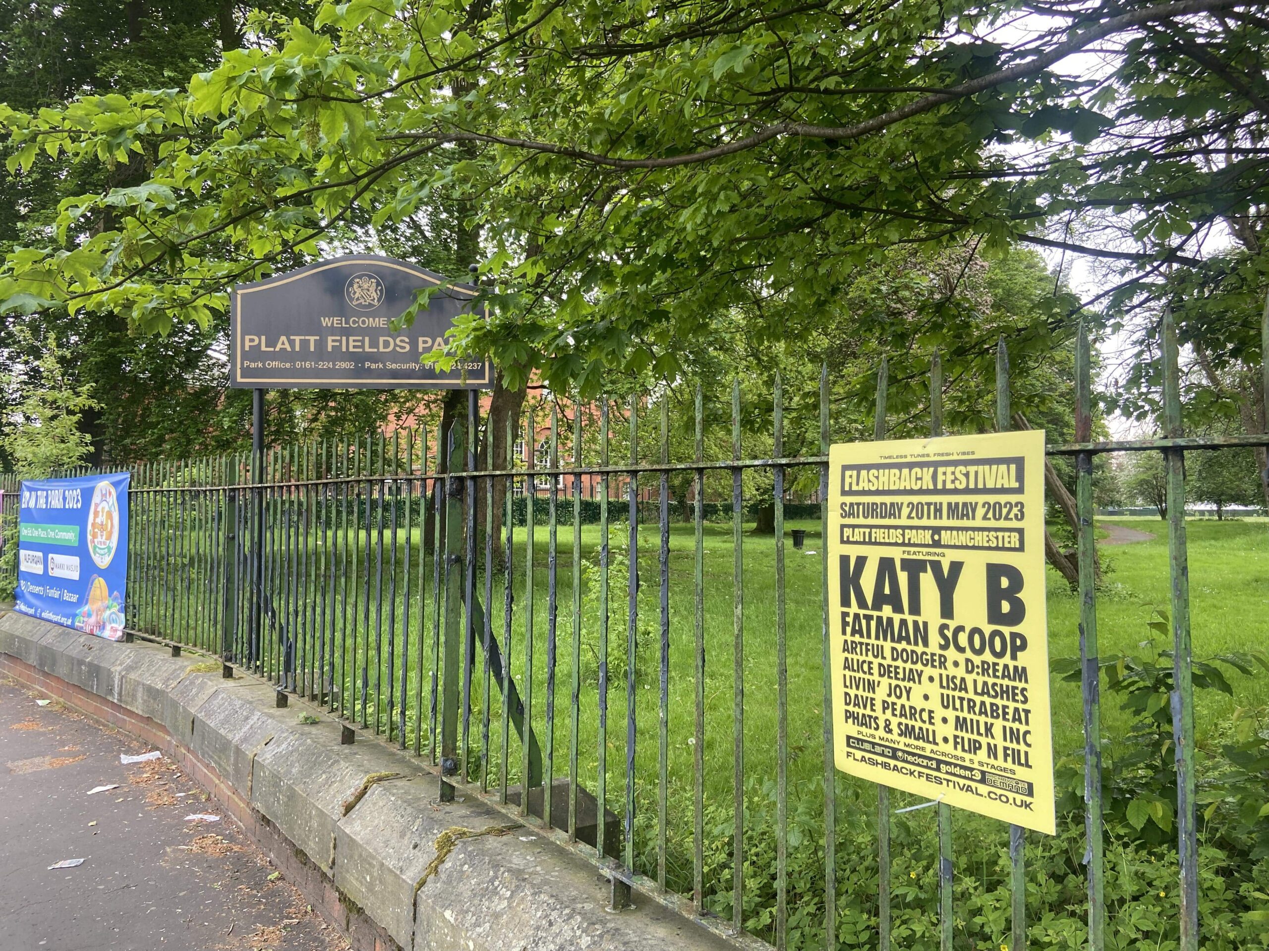 Promotional poster for Flashback Festival at Platt Fields Park.