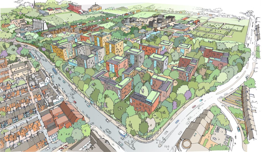 Aerial view sketch of proposed new campus