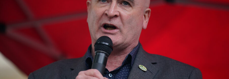 RMT union leader Mick Lynch addresses a crowd