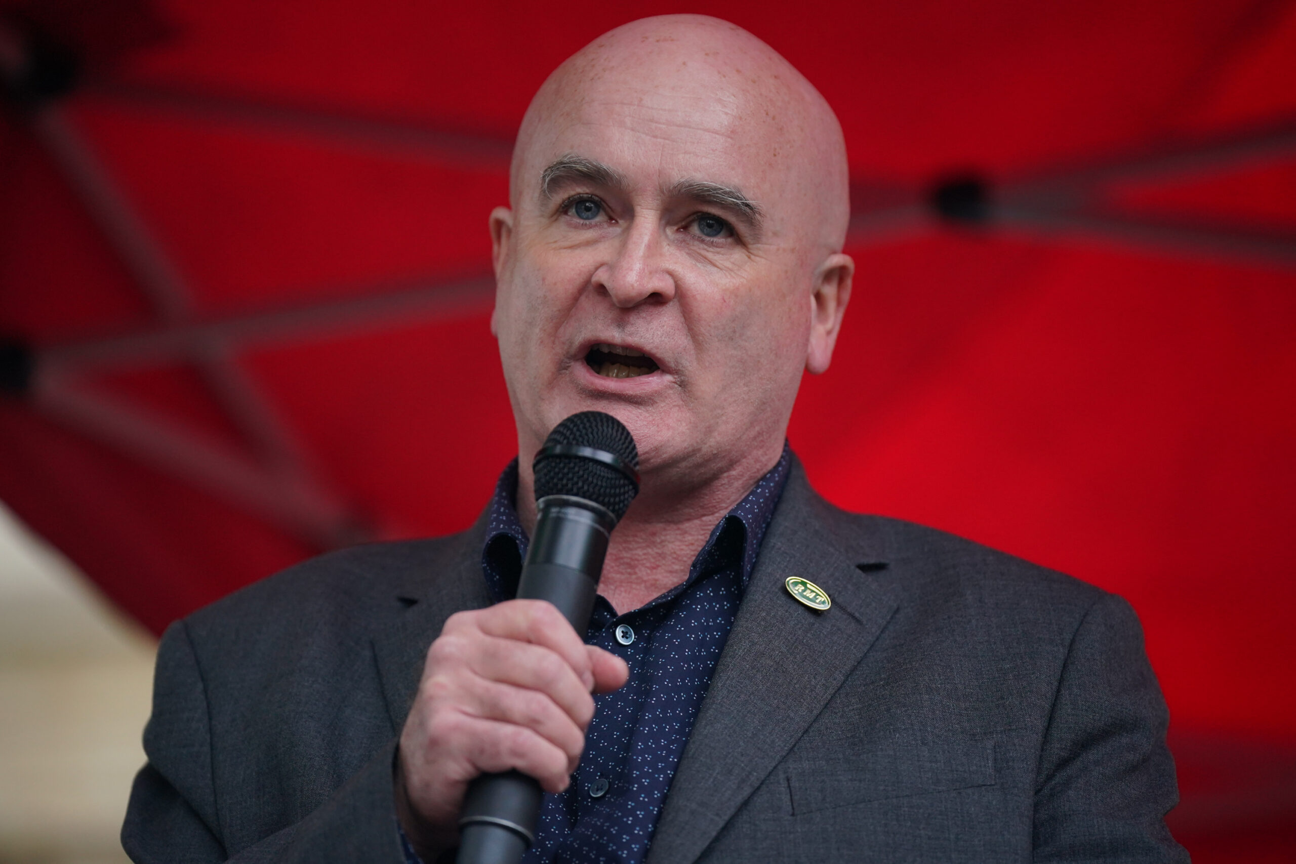 RMT union leader Mick Lynch addresses a crowd