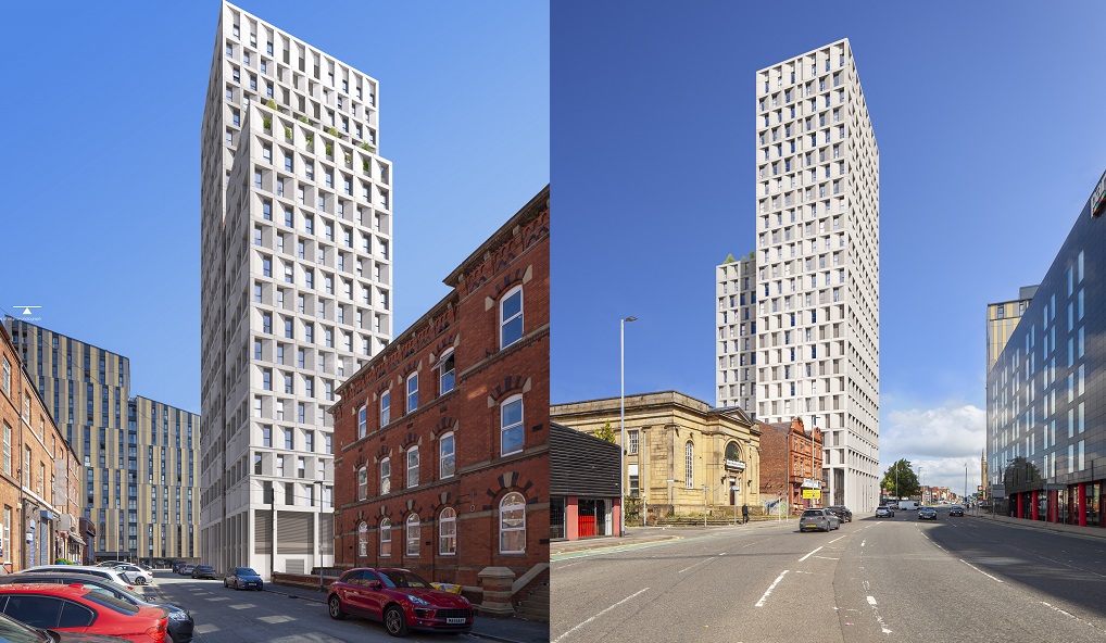 The AI generated plans of what the new builds would look like on Cheetham Hill's road. Tall tower of apartments. 
