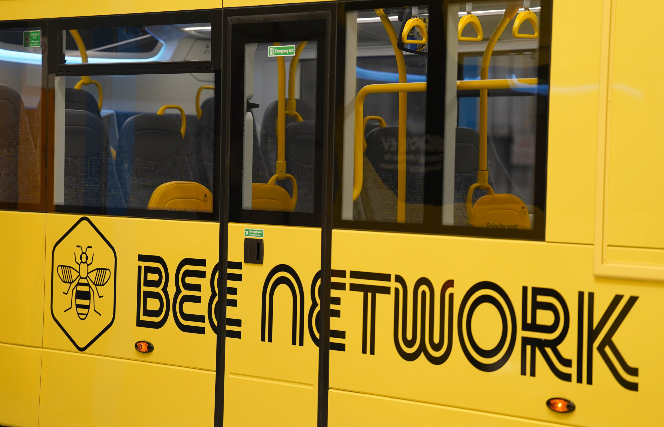 The livery on the 'Bee Network' buses at manufacturer Alexander Dennis in Larbert, Falkirk during a visit by Greater Manchester mayor Andy Burnham. The buses will form part of the franchising model for bus services in Greater Manchester. Picture date: Friday June 2, 2023. PA Photo. See PA story POLITICS Burnham. Photo credit should read: Andrew Milligan/PA Wire