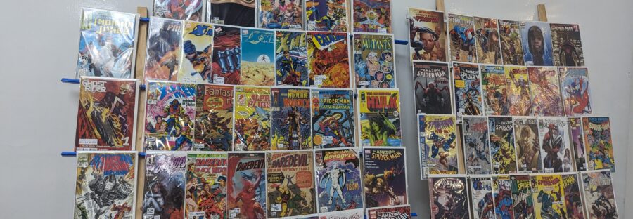 Simon Walkers comic display at his stall at Manchester comic and sci-fi fair