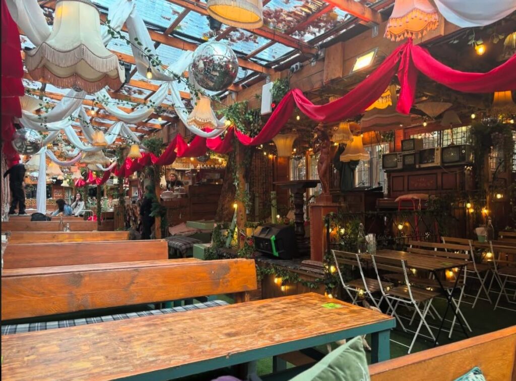 The interior of Mala bookshop and bar. The room has a glass ceiling and is held up by wooden planks and pillars, strung with red and white ribbons and fake ivy. A disco ball also hangs overhead. the room is lit by living room lamps, and the furniture comprises of long wooden table and benches and wooden picnic table sets on Astroturf. 