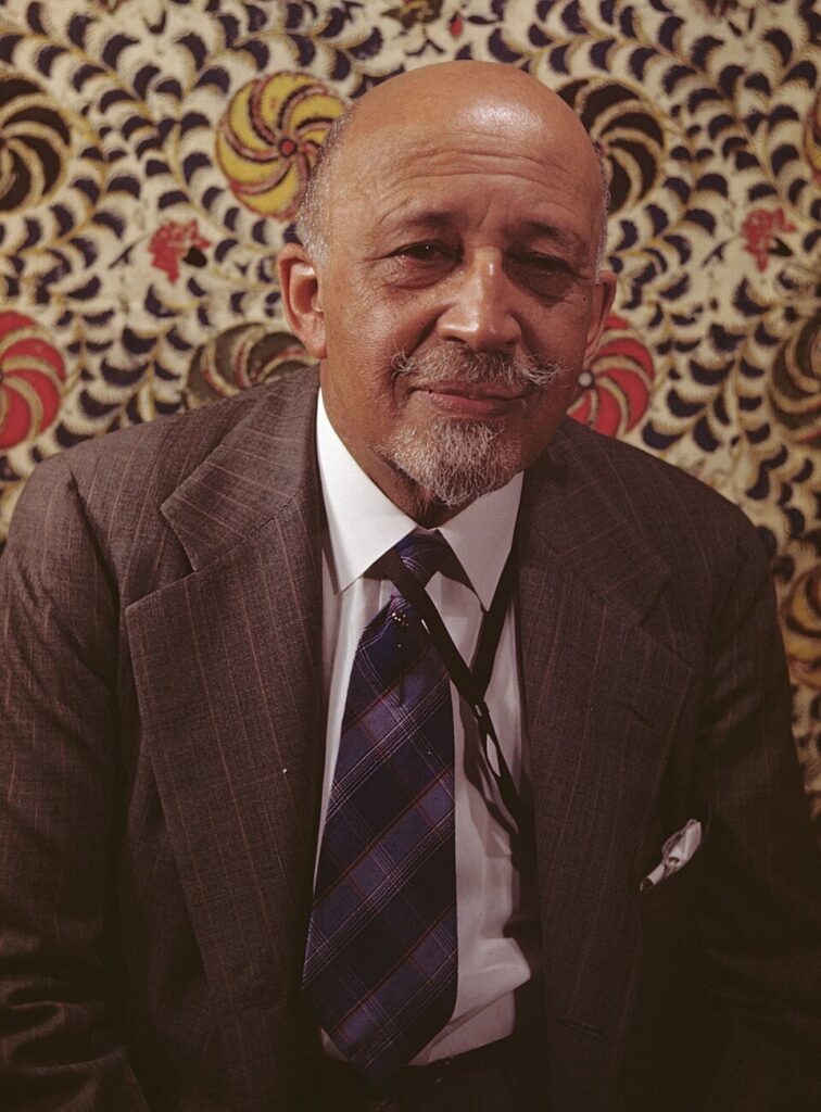 W. E. B. Du Bois is an elderly black man with a balding head and grey goatee and moustache. He is wearing a brown pinstripe suit and blue plaid tie. He is slightly smiling at the camera.