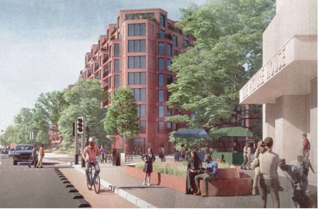 Illustration of building, a road and a group of people walking on a street
